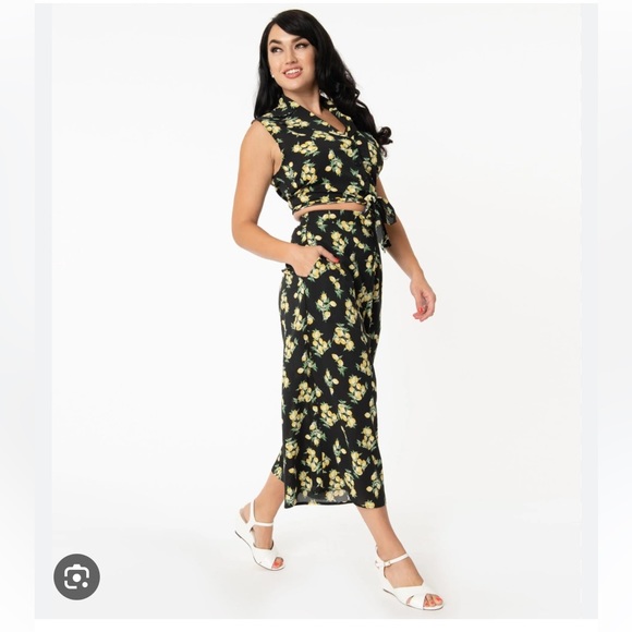 Unique Vintage Black & Lemon Print Wide Leg Sicily Pants - Picture 1 of 8